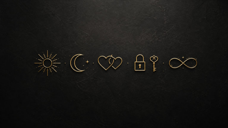 Gold couple tattoo symbols with sun moon hearts lock key and infinity on black background
