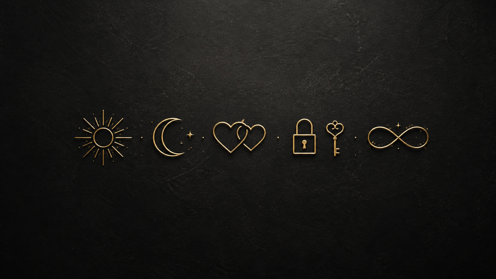Gold couple tattoo symbols with sun moon hearts lock key and infinity on black background
