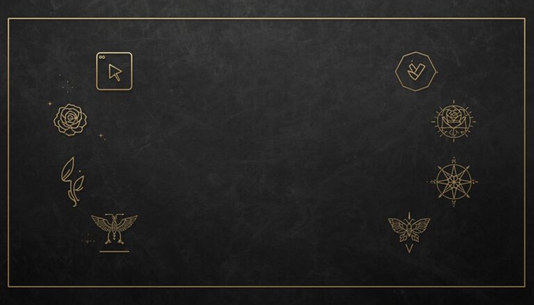 Gold AI tattoo prompt design frame with cursor icon and fine line tattoo symbols on black background