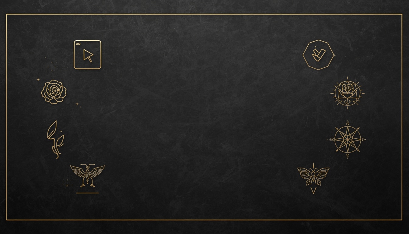 Gold AI tattoo prompt design frame with cursor icon and fine line tattoo symbols on black background