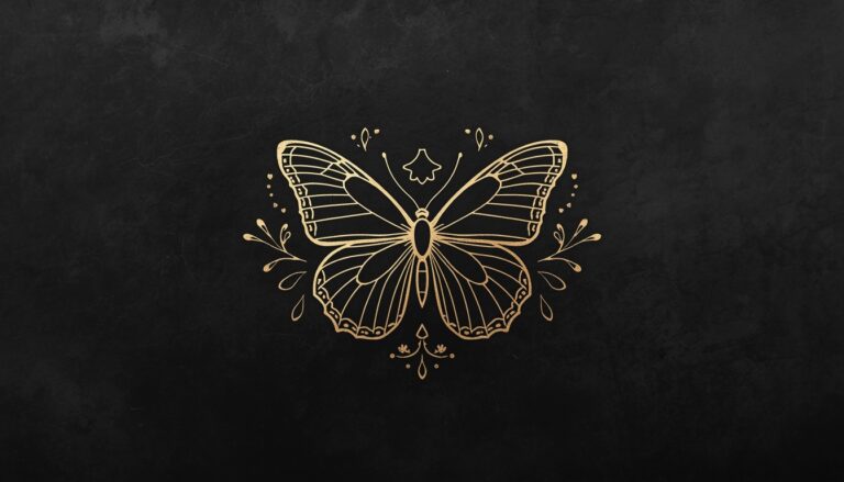 Gold fine line butterfly tattoo symbol with floral details on black background