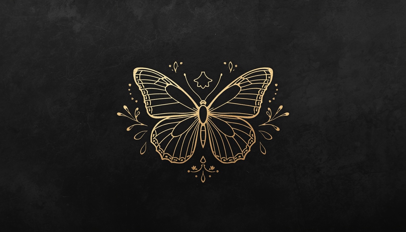 Gold fine line butterfly tattoo symbol with floral details on black background