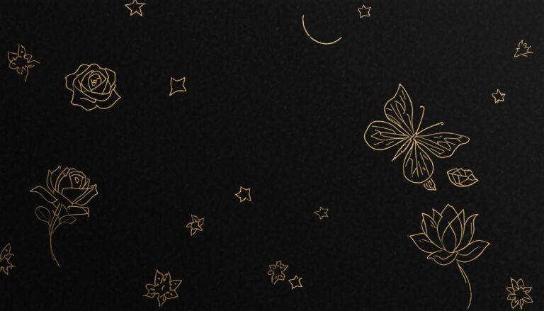 Gold fine line rose and butterfly tattoo symbols on black background