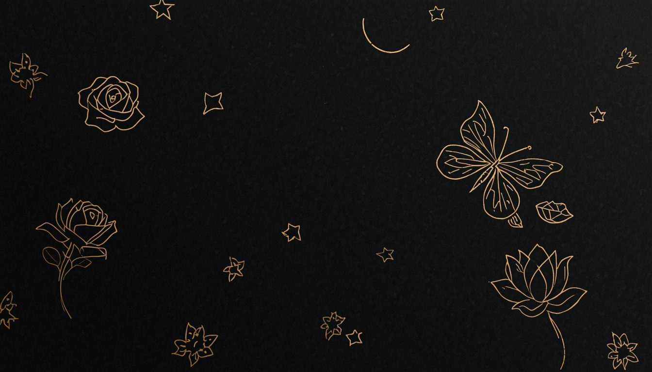 Gold fine line rose and butterfly tattoo symbols on black background
