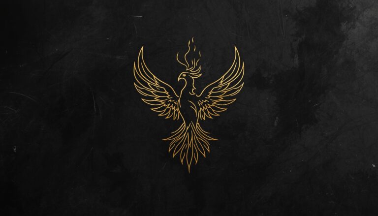 Gold fine line phoenix tattoo symbol on black background