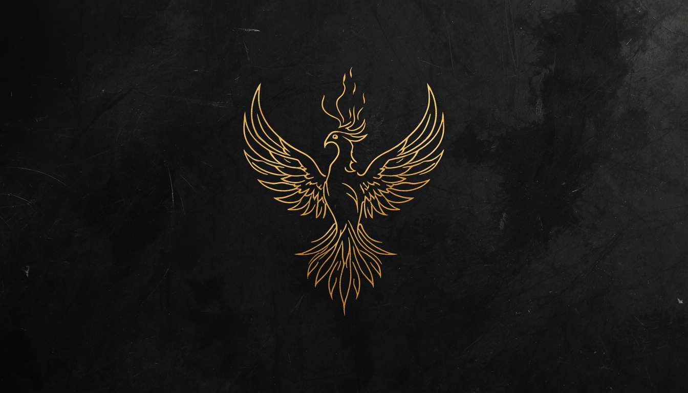 Gold fine line phoenix tattoo symbol on black background