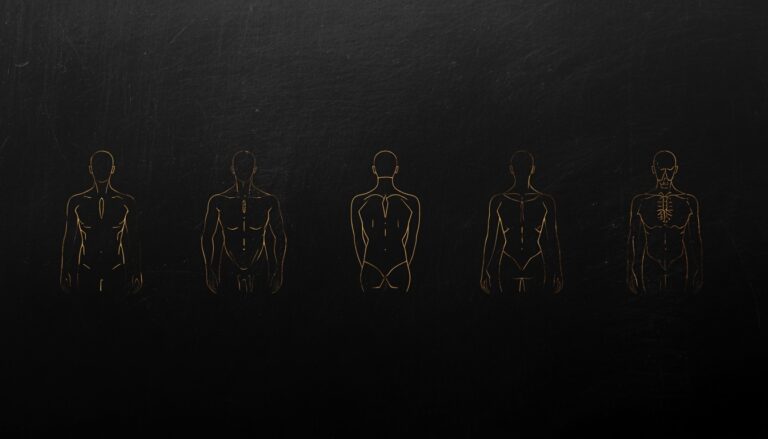 Gold fine line tattoo placement guide body outline symbols on black background