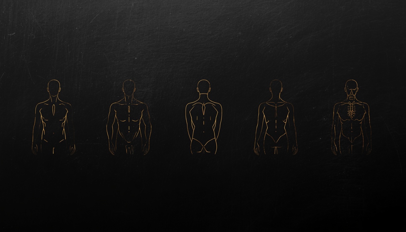 Gold fine line tattoo placement guide body outline symbols on black background