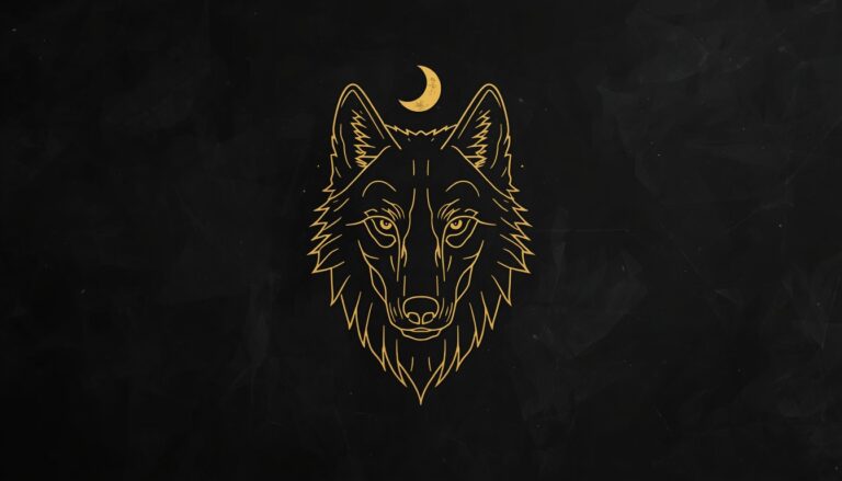 Gold fine line wolf tattoo symbol with moon on black background