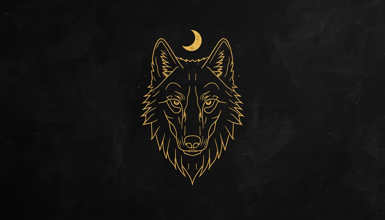 Gold fine line wolf tattoo symbol with moon on black background
