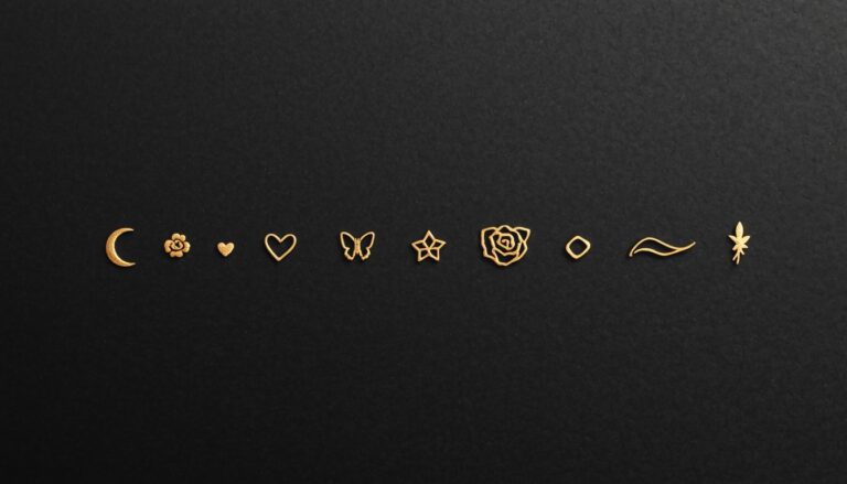 Gold minimalist wrist tattoo symbols with moon heart butterfly rose star and wave