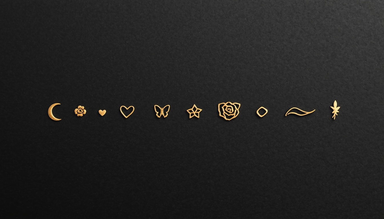 Gold minimalist wrist tattoo symbols with moon heart butterfly rose star and wave